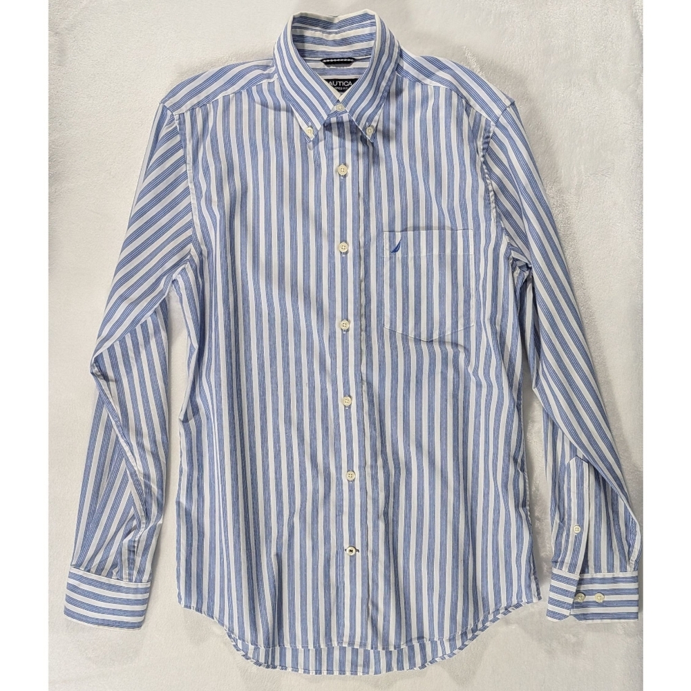 ❤️ Nautica Tailored Fit Striped Wrinkle Resistant Long Sleeve Collar Shirt Small